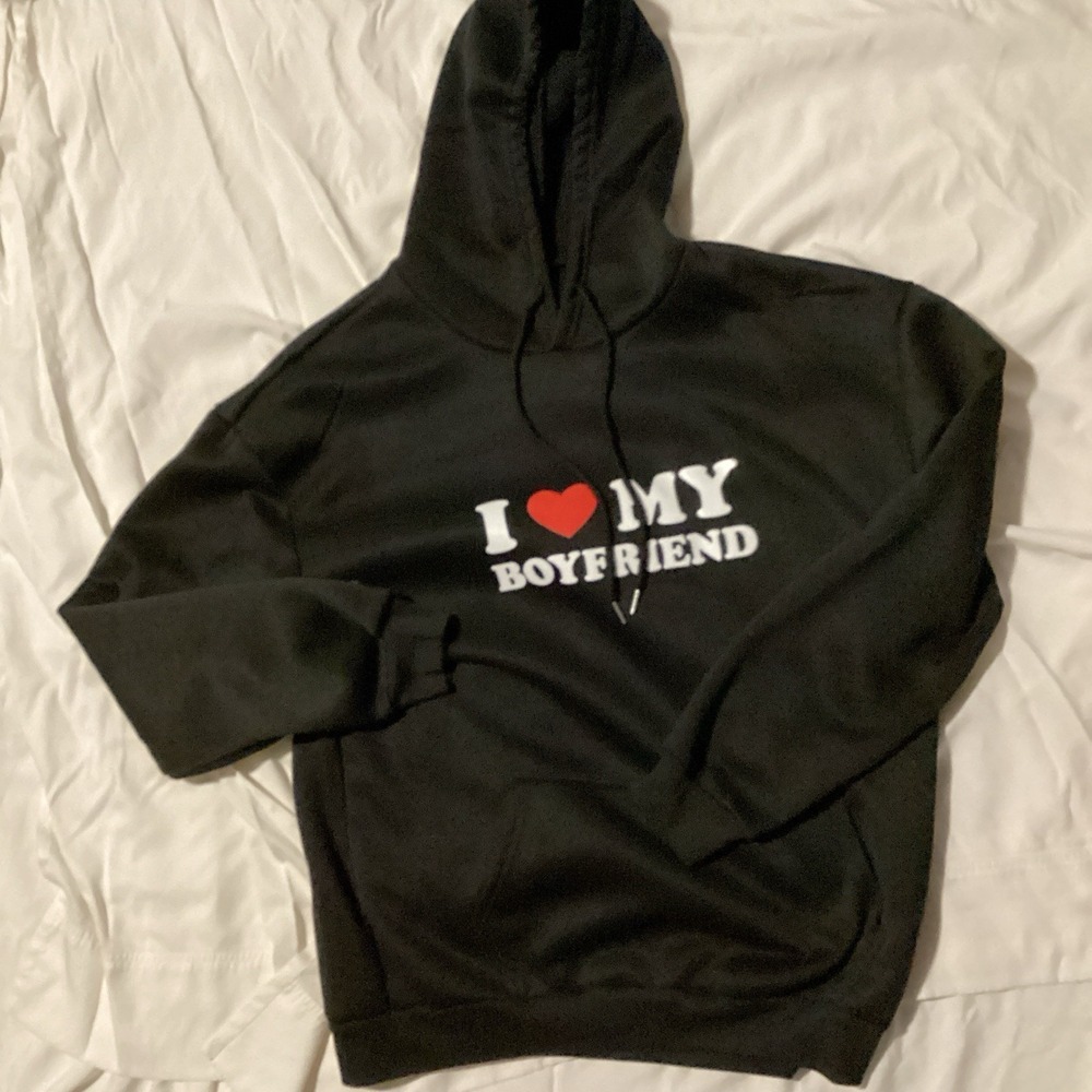 Hoodie Sweatshirt Womens Medium I Love My Boyfriend Black/Red Fall